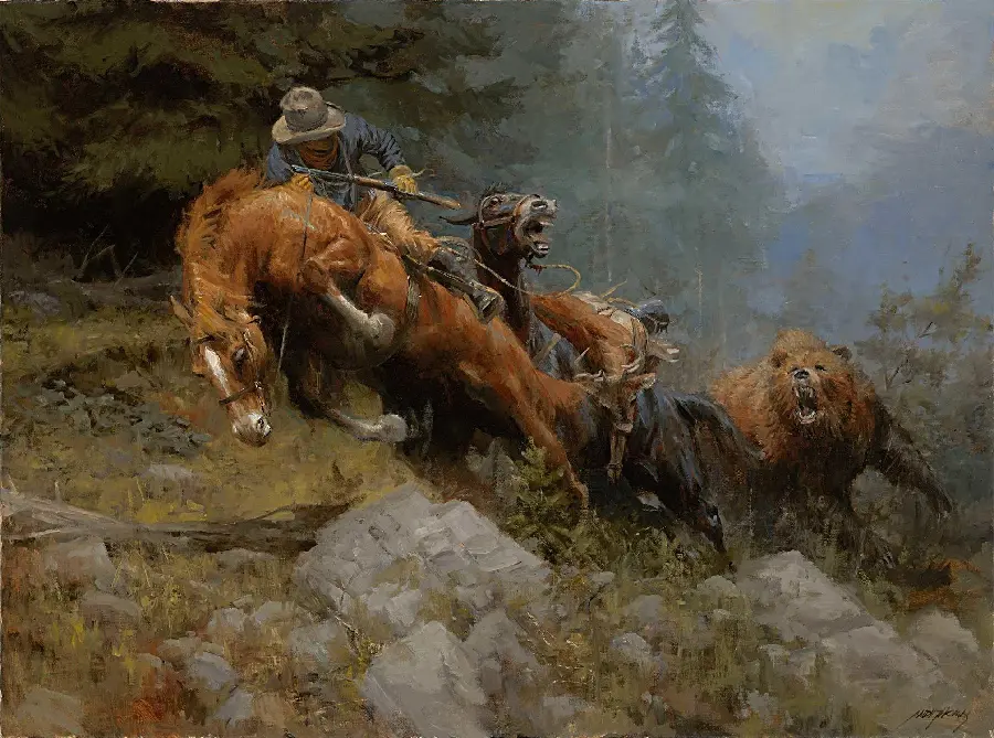 عکس نقاشی رنگ روغن سبک رنسانس کابوی سوار بر اسب و خرس بزرگ