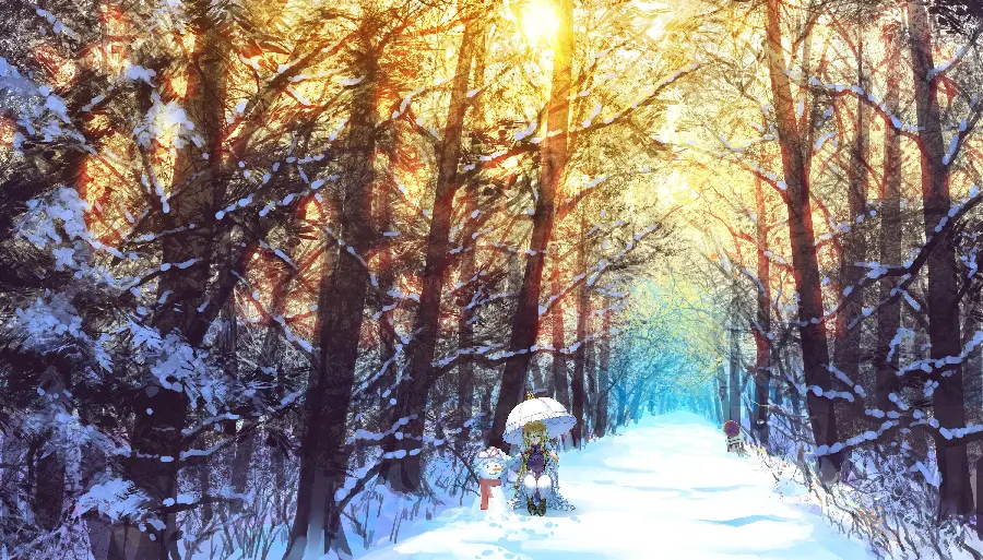 تصویر زمینه زمستانی آدم برفی به همراه چتر برفی با کیفیت بالا 