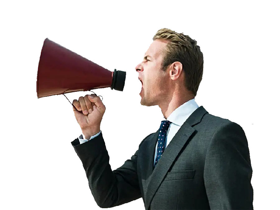 دانلود png عکس پسر کت شلواری در حال داد زدن پشت بلندگو