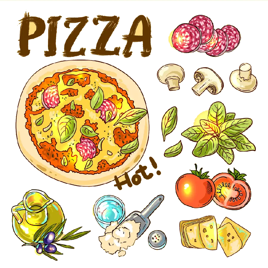 پی ان جی عکس غذا با گوجه کارتونی PIZZA با مواد لازم
