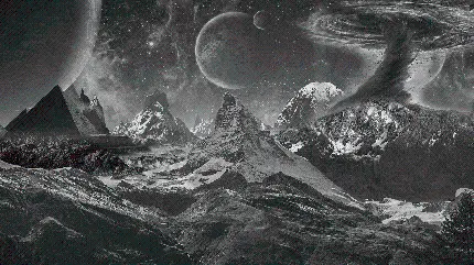 عکس دیجیتال از منظره کوه و آسمان سبک سورئال تاریک به رنگ سیاه و سفید