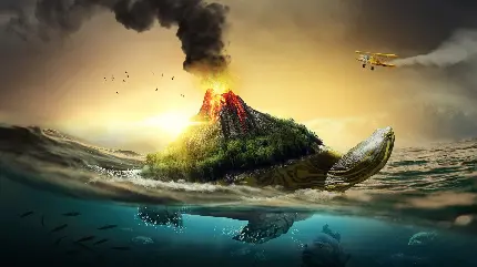 تصویر زمینه فانتزی کوه آتشفشان روی لاکپشت شناور در اقیانوس