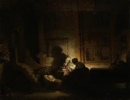 عکس تابلو نقاشی اثر زیبای رامبرانت به نام خانواده مقدس در شب