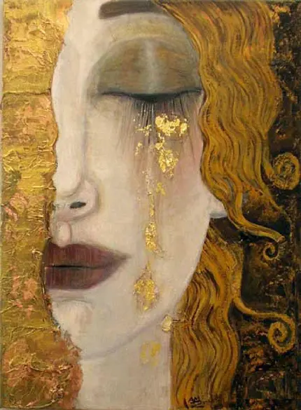 عکس نقاشی دختر گریان با طرح و نقش طلایی اثر گوستاو کلیمت