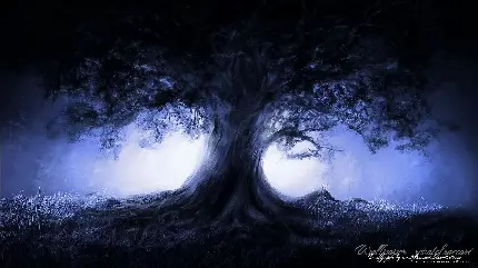 دانلود عکس زمینه فانتزی تک درخت پیر در شب با ماه کامل