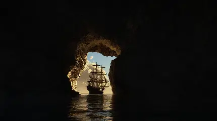 عکس ورودی غار تاریک در اقیانوس و ورود کشتی بادبانی به داخل 