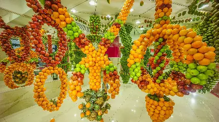 عکس میوه فروشی با تزئینات جالب و تماشایی انبه و سایر میوه ها