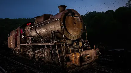 عکس پروفایل لوکوموتیو و واگن باری قدیمی روی ریل در شب باکیفیت HD