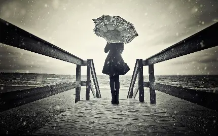 سیاه و سفید دختر زیر چتر روی اسکله چوبی با کیفیت بالا
