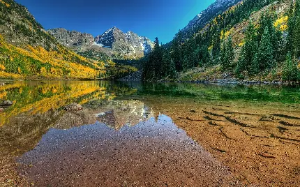 بکگراند ساده و شیک دریاچه طبیعی کوهستانی در فصل پاییز