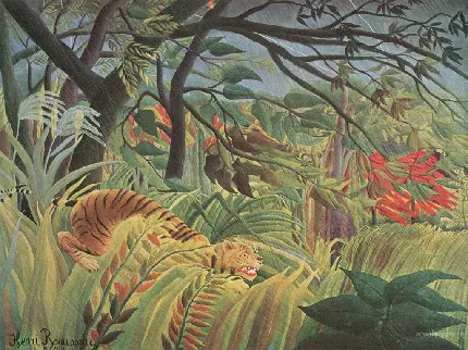 دانلود عکس نقاشی ببر در طوفان Tiger in a tropical storm از آنری روسو