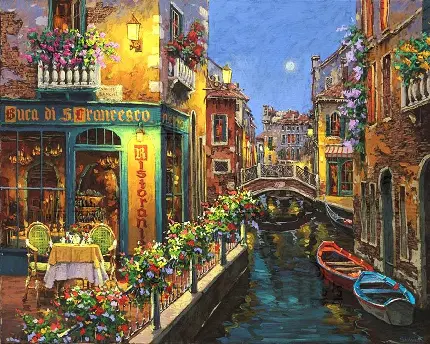 نقاشی ایتالیایی شهر فرد سوان نقاشی پل کانال قایق های آب ساختمان بوکه 