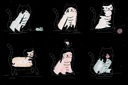 دانلود عکس نقاشی پی ان جی PNG گربه های کیوت و بامزه با زمینه مشکی 