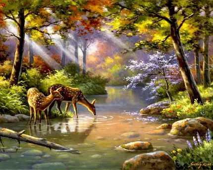 عکس ساده و بدون ادیت تابلو نقاشی جنگل و دریاچه به همراه حیوانات اهلی 