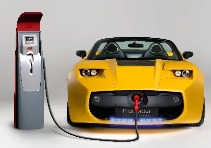 عکس خودروی زرد برقی در حال شارژ با زمینه ساده 