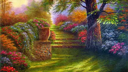 عکس نقاشی از طبیعت با منظره ی شاداب گل های رنگی