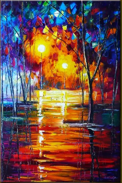 نقاشی رنگ روغن زیبا و الهام بخش با طرح مسیر پیاده روی در شب
