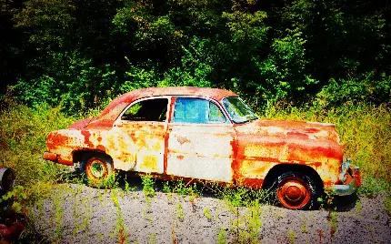 تصویر زمینه از اتومبیل رها شده قدیمی در جنگل