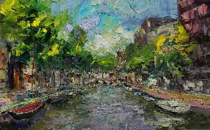 عکس زمینه نقاشی انتزاعی قایق های روی آب رودخانه وسط شهر