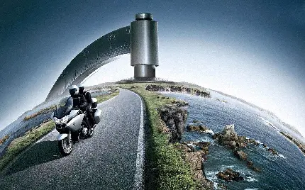 تصویر زمینه فتوشاپی فیلتر و افکت دار چشم انداز رویایی از موتورسواری در سواحل آرام اطراف جزیره