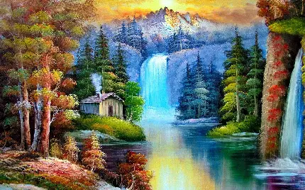 تابلو نقاشی طبیعت آبشار با درختان سرسبز و جالب و دیدنی 