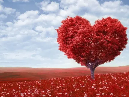 پس زمینه درخت با فرم قلب قرمز مخصوص لپ تاپ با تم عاشقونه