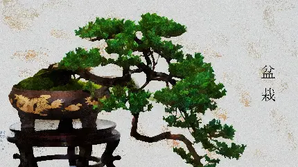 تصویر زمینه درخت بونسای در گلدانی با طرح و نقش ژاپنی