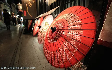 تصویر از چترهای ژاپنی با نقوش متنوع و خوشگل گذاشته شده در معرض تماشا