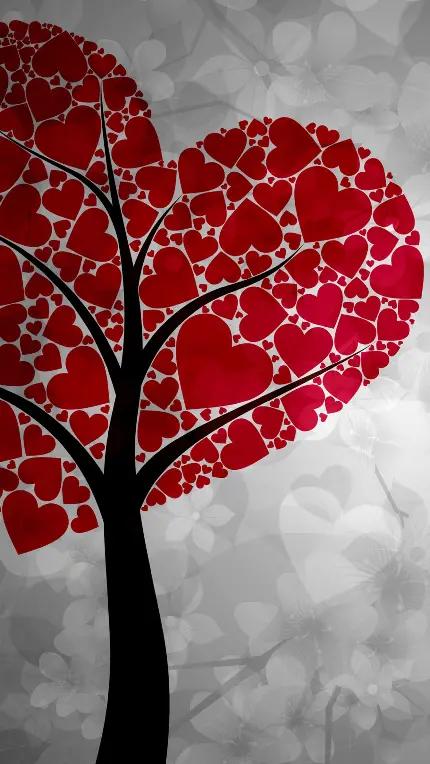 بک گراند دیجیتالی درخت به شکل قلب با برگ های قرمز قلبی