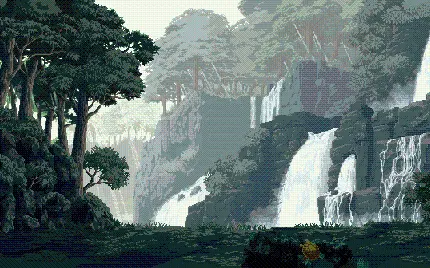عکس زمینه هنر پیکسلی آبشار خروشان در جنگل کوهستانی 
