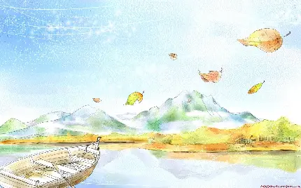 نقاشی منظره رمانتیک از قایق چوبی شناور با چشم انداز پاییزی