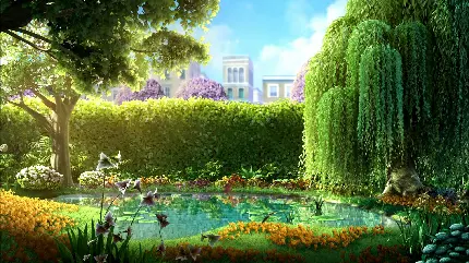 تصویر زمینه باغچه انیمیشنی با درخت بید و گل های رنگارنگ