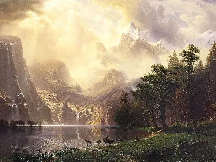 عکس نقاشی سبک رمانتیسم از گوزن های کنار رودخانه 