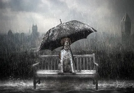 عکس سیاه و سفید مفهومی گنگ و دارک سگ نشسته روی نیمکت زیر چتر در باران شدید 