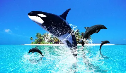 والپیپر دلفین و نهنگ قاتل در پس زمینه آبی