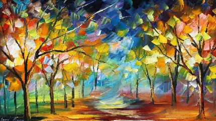 عکس نقاشی رنگ روغن منظره درخت های پاییزی با کاردک