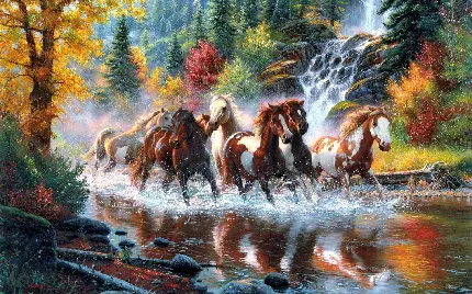 تابلو نقاشی رویایی طبیعت و اسب های دونده در دریاچه 