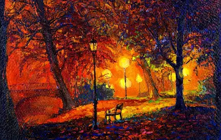 تابلو نقاشی رنگ روغن از منظره پارک نورانی در شب