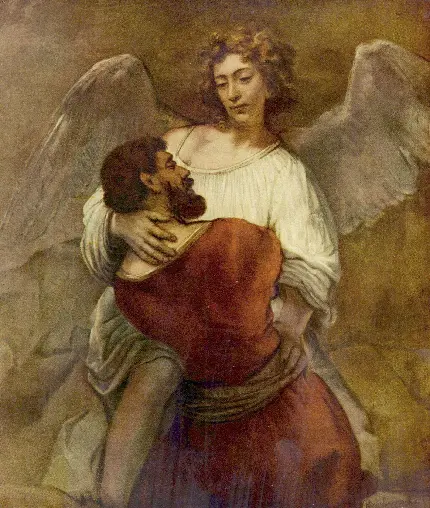 والپیپر از نقاشی رامبرانت به اسم کشتی یعقوب با فرشته