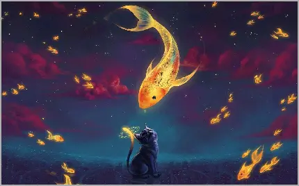 تصویر زمینه انیمیشنی پرواز ماهی قرمز در آسمان بالای سر گربه