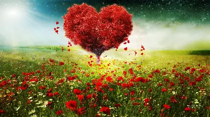عکس زمینه درخت به شکل قلب در دشت پر گل قرمز جادویی