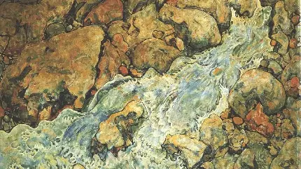 عکس تابلو نقاشی از آب رودخانه و سنگ اثر اگون شیله