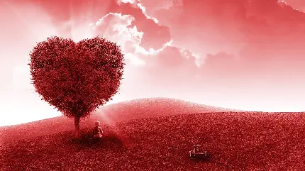زیباترین پس زمینه درخت قلبی قرمز در منظره فانتزی ساده