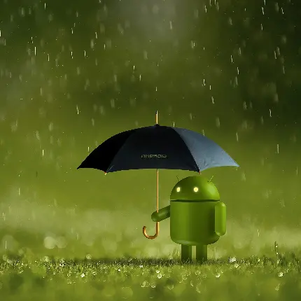 عکس کیوت آدمک اندروید به همراه چتر مشکی زیر باران 