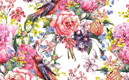 تابلو نقاشی پرندگان در میان گل های صورتی به سبک رنگ روغن