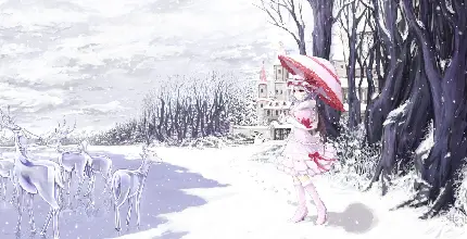 دانلود تصویر رایگان دختر خوشگل و خوش قد و بالا با چتر برفی در زمستان رویایی 