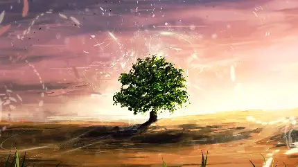 پس زمینه تک درخت سبز نقاشی شده در بیابان مخصوص دسکتاپ