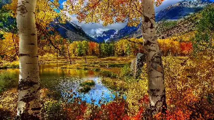 دانلود عکس با کیفیت پاییزی دریاچه در کنار کوهستان برای والپیپر و پروفایل 