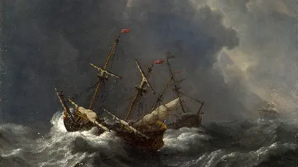 پس زمینه نقاشی رنسانس کشتی به دام افتاده در طوفان های دریایی