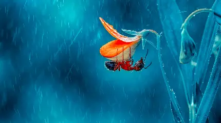 عکس نقاشی دیجیتالی HD مورچه و گل در پس زمینه بارانی 